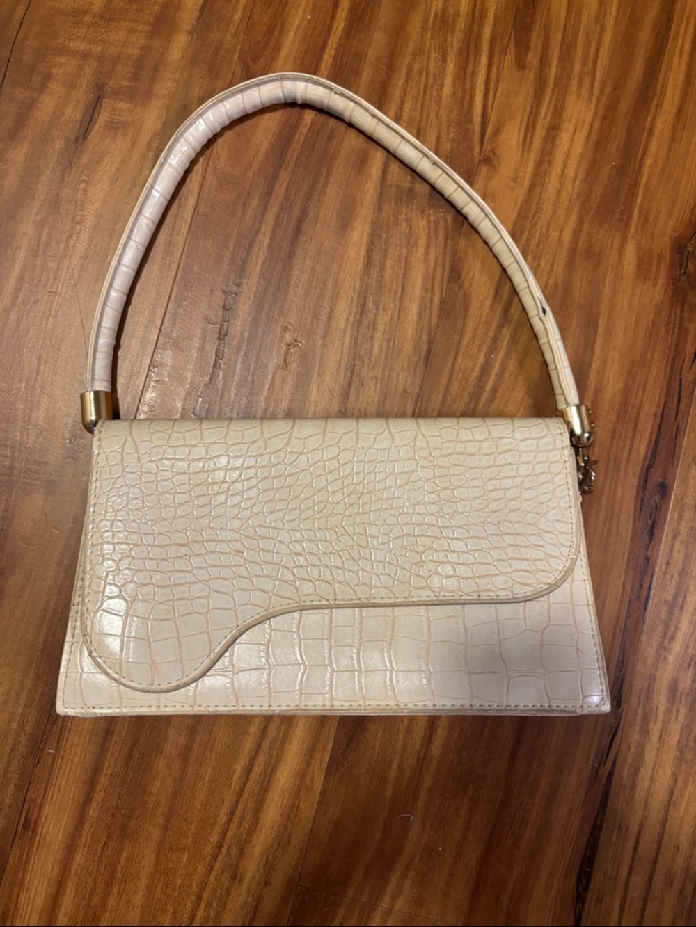 Cream Croc-Embossed Shoulder Bag